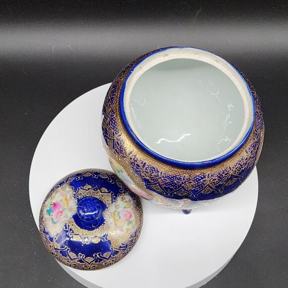 Antique Porcelain Biscuit Jar Hand-Painted Cobalt Blue & Gold Porcelain Lidded - Picture 6 of 13